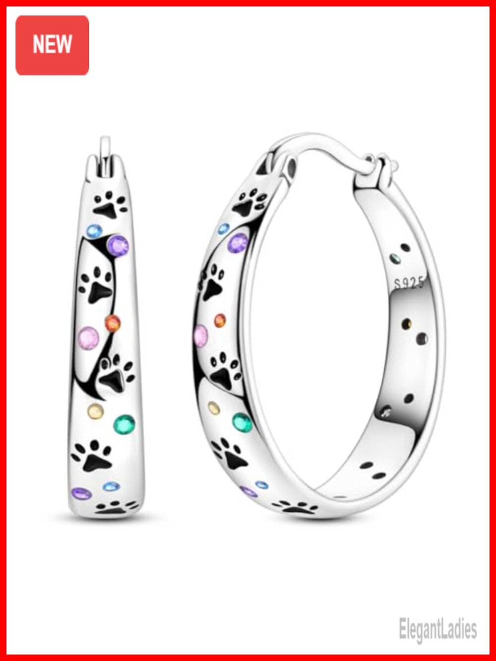 925 Sterling Silver Hoop Earrings Pet Claw Design Cubic Zirconia Lever Back for